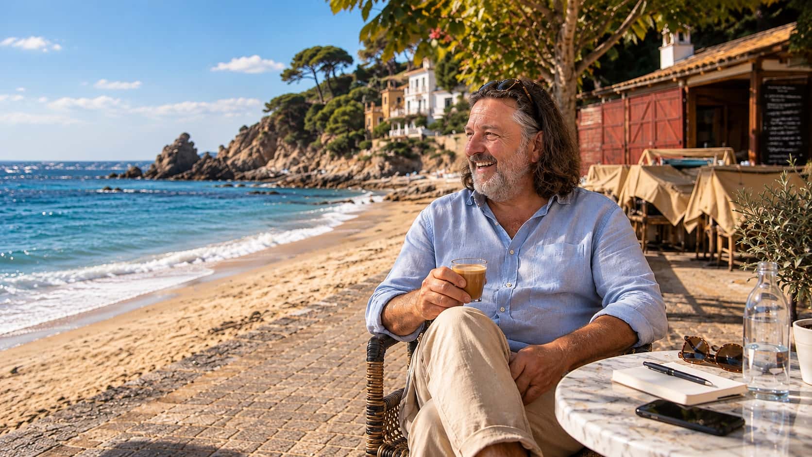 Arend Jan Steenhuisen with a coffee on a beach terrace on the Costa Brava